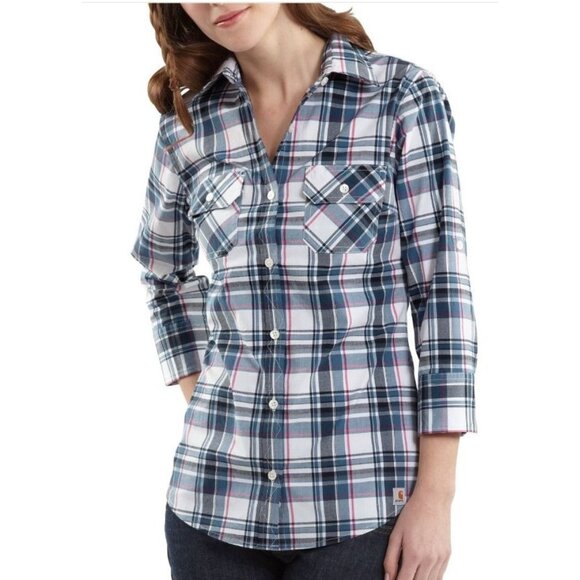 Carhartt Tops - Carhartt Women's Blue/Pink Plaid Button Up 3/4 Sleeve Work Shirt Size XL (16/18)